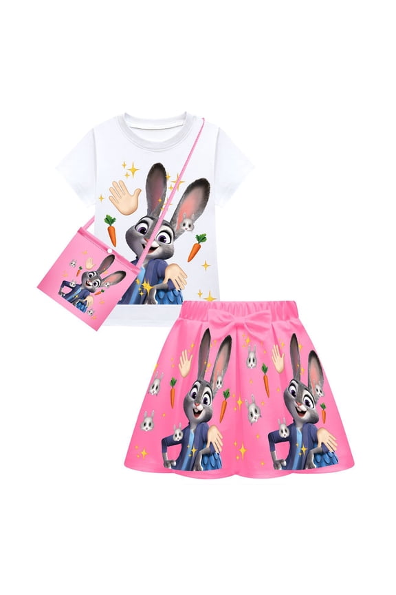 Kids Girls Zootopia2 Anime Cartoon Graphics Printed Costume Skirt Suits Short Dress T-Shirt Bag 3 Pcs Outfit Summer Tutu Dance Ruffle Skirt Tees Sets Casual Tops Princess Cosplay Party Clothes 2-10