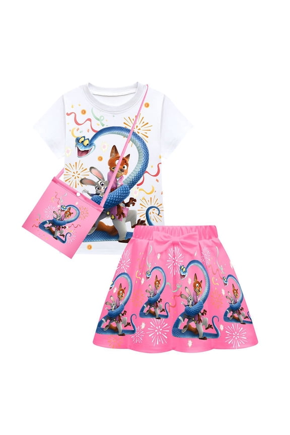 Kids Girls Zootopia2 Anime Cartoon Graphics Printed Costume Skirt Suits Short Dress T-Shirt Bag 3 Pcs Summer Tutu Dance Ruffle Skirt Tees Sets Casual Tops Princess Cosplay Outfit Party Clothes 2-10