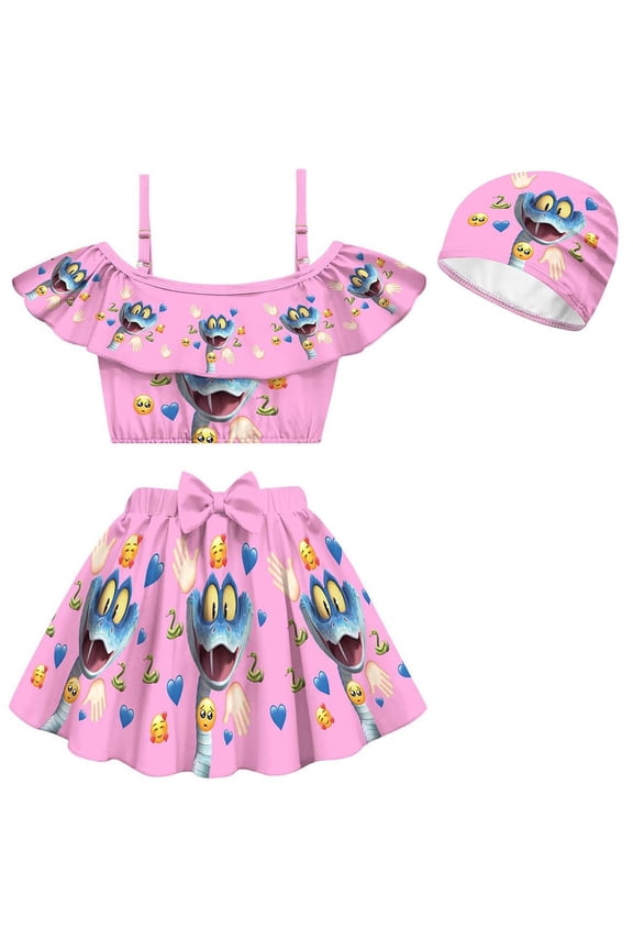 Kids Girls Zootopia2 Anime Cartoon Graphics Printed Costume Swimsuit Sets Rash Guard Beachwear Hat 3 Pieces Ruffles Bow Dress UPF 50+ Swimwear Summer Beach Party Princess Sport Bathing Suit 3-10