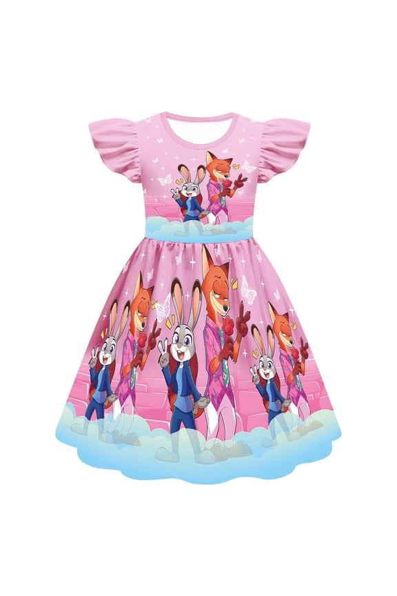 Kids Girls Zootopia2 Nick Judy Gary Snake Movie Cartoon Graphics Printed Costume Casual Princess Ruffle Dress Summer Flying Sleeves Short Sleeve Playwear A-line Cosplay Party Flutter Skirt 2-10