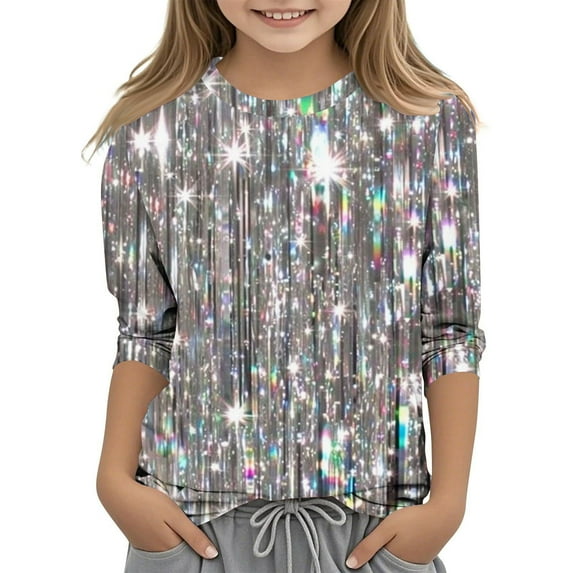 Kids Glitter Print Shirt Crewneck Tunic Shirt Loose Fitting Tee Shirts Trendy Summer Top