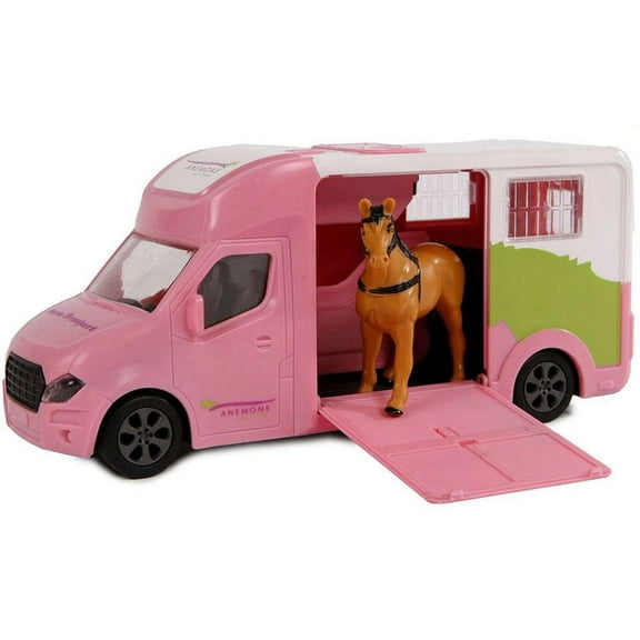 Kids Globe 1:32 Scale Anemone horse truck with one horse die cast pull back with light & sound Pink