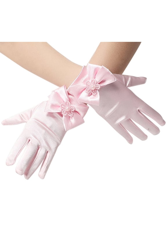 Kids Gloves, Flower Girl Formal Lace Gloves Wedding Pageant Party Short, Lace Womens Glove, Girls Gorgeous Satin Fancy Gloves for Special Occasion, Pink