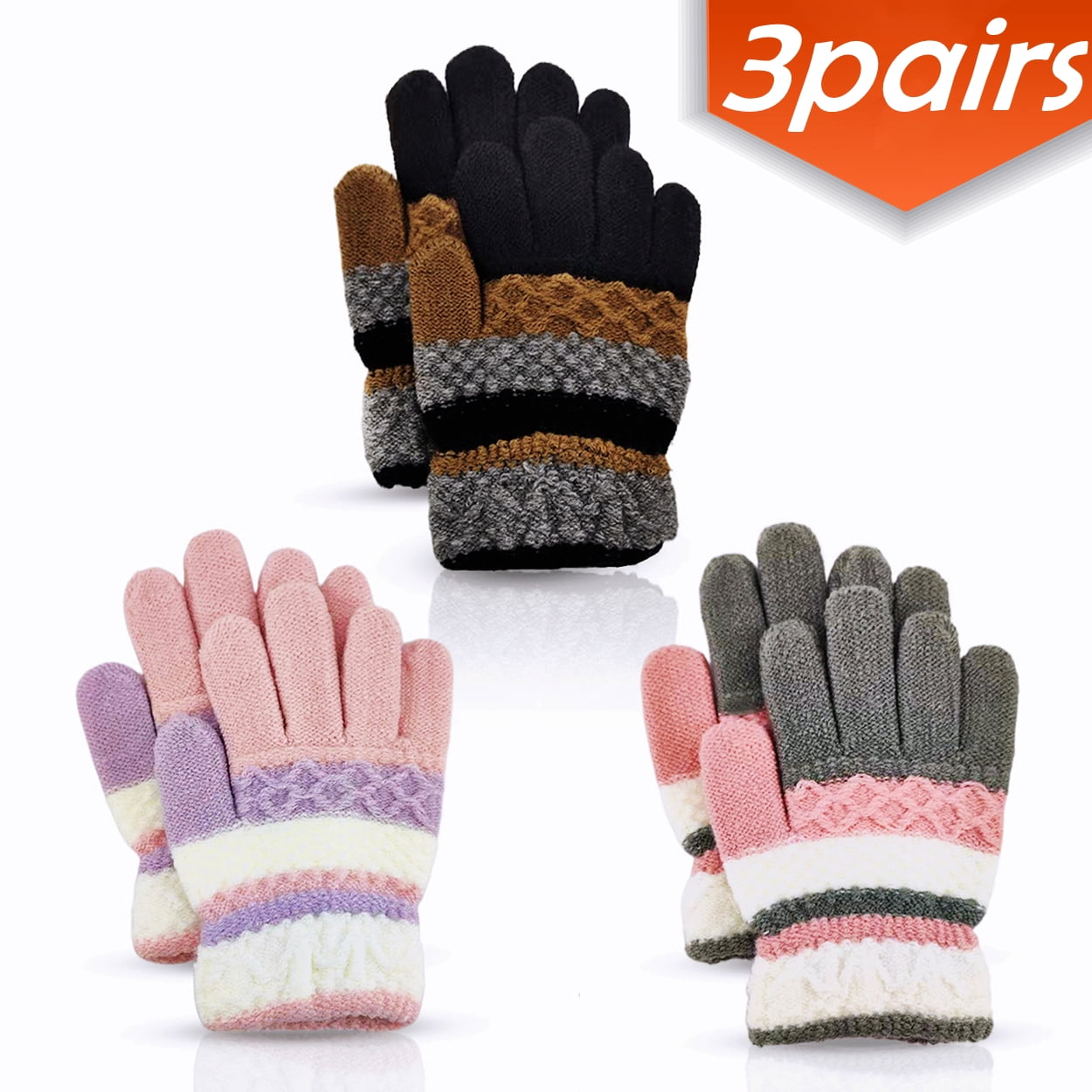 Lot De 3 Paires Gants Tricotés Enfants - Motif Camion, Chauds élastiques, Pour Hiver, 5-11 Ans