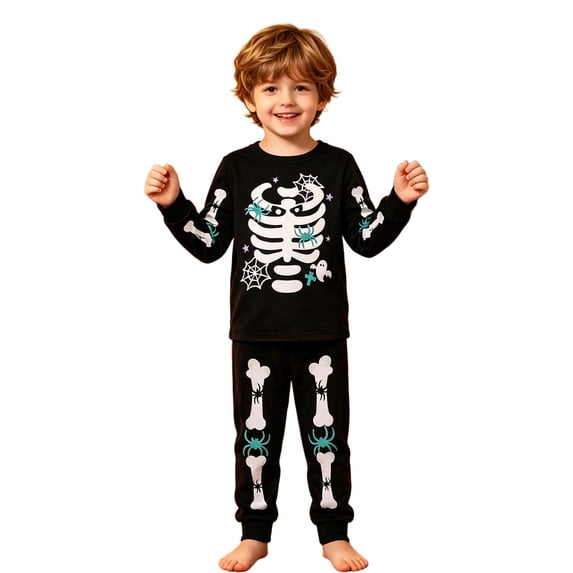Kids Glow Skeleton Halloween Pajamas Boys Long Sleeve Two Piece Pants Set 3-8Y