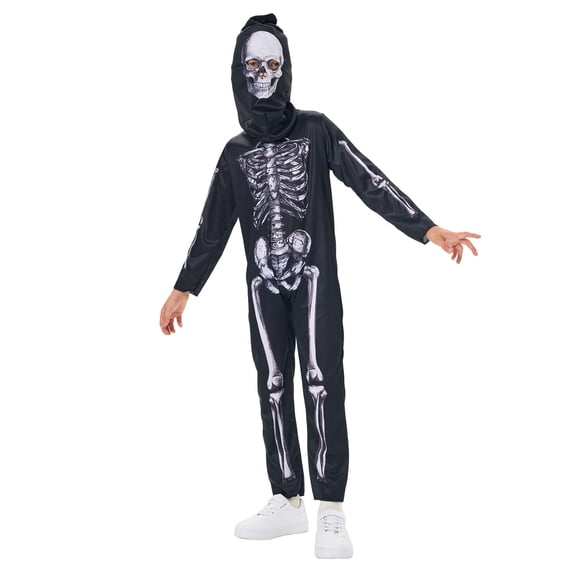 Kids Glow in Dark Skeleton Halloween Costume Hooded Jumpsuit(120CM)