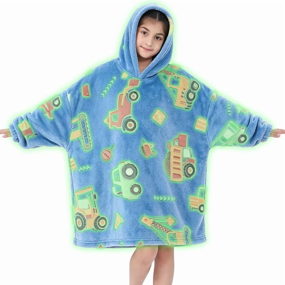 Kids Glow in The Dark Hooded Blanket Hoodie, Oversized Wearable Blanket for Boys & Girls Flannel Fleece One Size Purple D0P