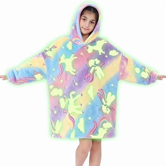 Kids Glow in The Dark Hooded Blanket Hoodie, Oversized Wearable Blanket for Boys & Girls Flannel Fleece One Size Purple G0P