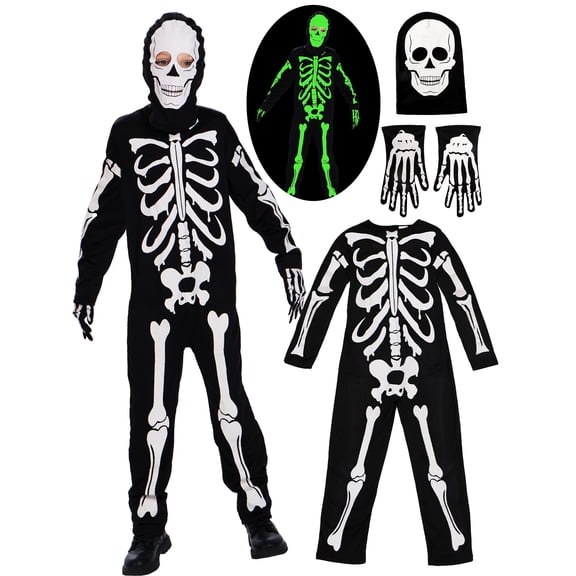 Kids Boys Halloween Skeleton Costume Glowing in The Dark with Mask Gloves Fancy Dress Outfit Green 4-12 Years