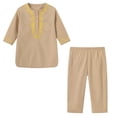 thumbnail image 1 of Kids' Gold Thread Embroidery 2-Piece Suit Set, 2026 New Half Button Round Neck Long Sleeve Top and Matching Straight Leg Pants, Formal Occasion Outfit for Boys and Girls - Khaki, 1 of 7