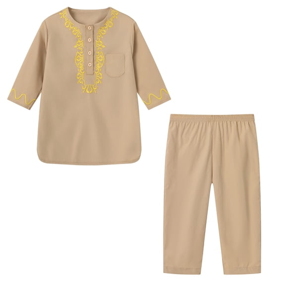 Kids' Gold Thread Embroidery 2-Piece Suit Set, 2026 New Half Button Round Neck Long Sleeve Top and Matching Straight Leg Pants, Formal Occasion Outfit for Boys and Girls - Khaki