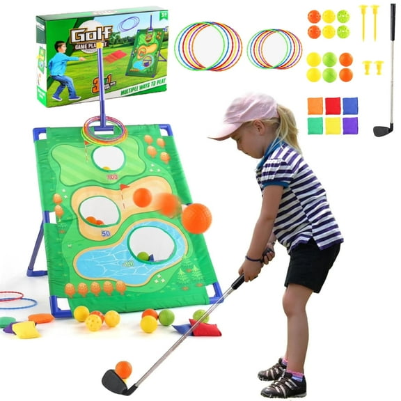 3-In-1Kid Golf Game Play Set,,Cornhole Game, Ring Toss Game,Outdoor Lawn Games Golf Set for Adults & Family, Multiple People Fun Golf Game for Beach, Party, Gift For Kids Gifts Birthday Christmas