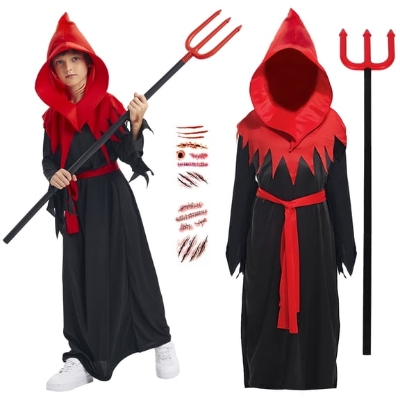 Pigmiss Halloween Devil Costume Set 6-Piece Black/Red Demon Outfit for Boys Christmas Party Cosplay Dress up