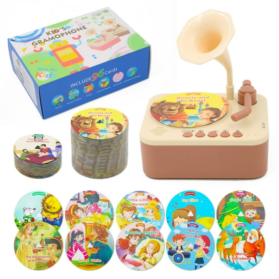 Story Toys & Montessori Musical Toys for Toddlers - Kids Record Player with 96pcs Cards, Educational Sensory Music Player for Ages 2+, Gift for Boys & Girls (Brown)