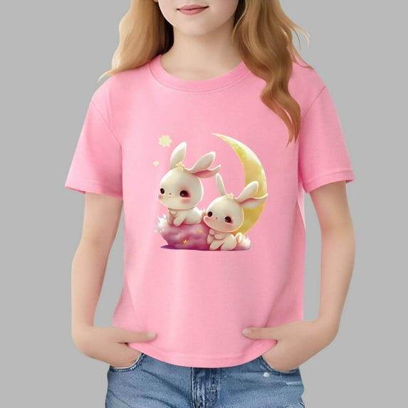 Kids Graphic Print Short Sleeve Tee - Rabbit Bunny Design Cotton T-Shirt for Boys Girls Pink 5-6 Years