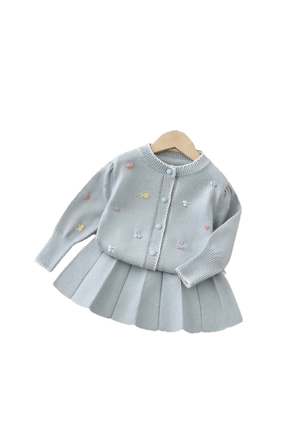 Kids Graphic Set Cute Knit Cardigan Skirt Two Piece Able 1 To 10 Kids Outdoor Clothes,Light Blue,Size 1 -2 Years