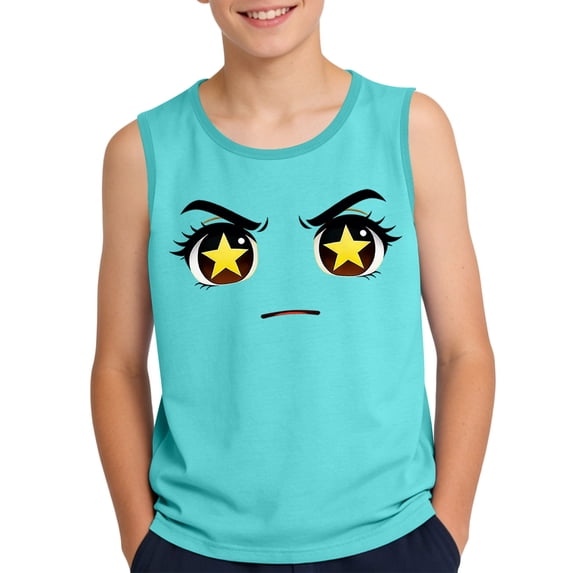 Kids Graphic Tank Top Anime Green Star Eyes Sleeveless Soft Stretchy Tee Casual Summer Top for Boys Size 4-14,Size 8 T