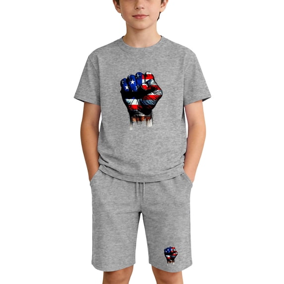 Kids Gray 4th of July T-Shirt and Shorts Set, Unisex Patriotic American Flag Graphic Cotton Crew Neck Summer 2 Piece Outfit for Boys Girls,Size 6 T