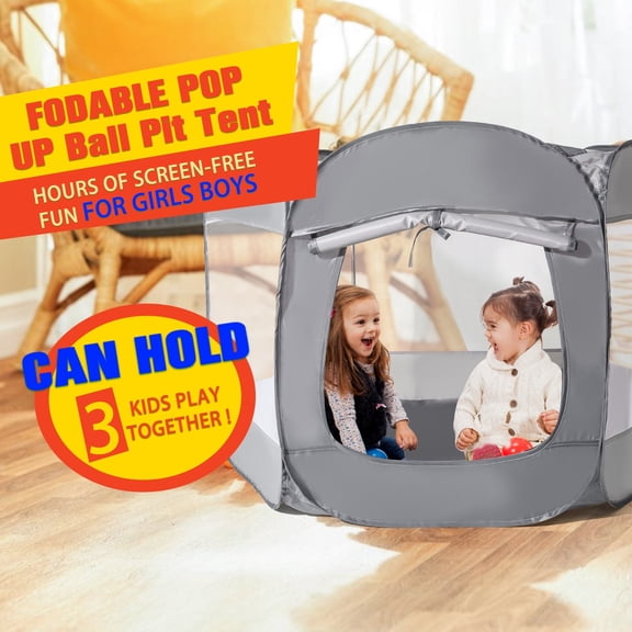 Kids Gray Dark Gray Ball Pit with Curtain Large Pop Up Childrens Ball Pits Tent for Toddlers Playhouse Baby Crawl Playpen with Zipper Storage Bag, Balls Not Included