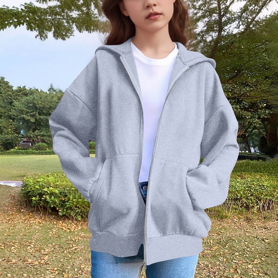 Kids' Gray Hoodie - Cat Ear Zipper Hooded Sweatshirt, Boys' & Girls' Athletic Wear, Size 160 (5-15 Years)