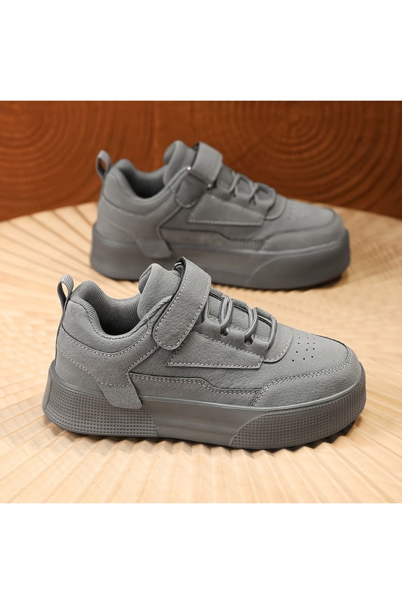 Kids' Gray Platform Casual Sneakers, Adjustable Strap Suede-Look Shoes for Boys and Girls, School, and Streetwear Wear