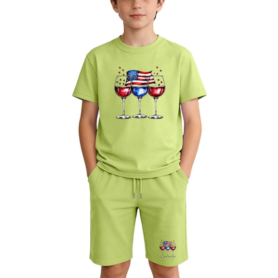 Kids Green 4th of July 2 Piece Short Sleeve Shirt & Drawstring Shorts Set Unisex Patriotic Summer Cotton Outfit Kids Boy Girl 100-160,Size 6 T