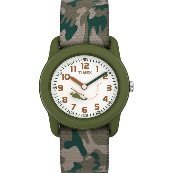 Kids' Green Analog Watch, Camo Elastic Fabric Strap
