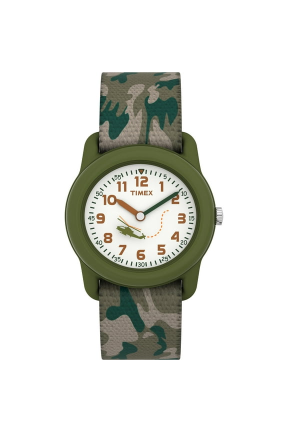 Kids' Green Analog Watch, Camo Elastic Fabric Strap