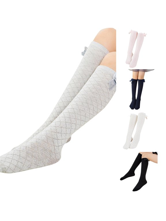 Kids Grid Mesh Knee‑High Socks, Combed Cotton Bow Long Calf Socks, Breathable Net Tube Socks for Little Girls Party Daily Wear