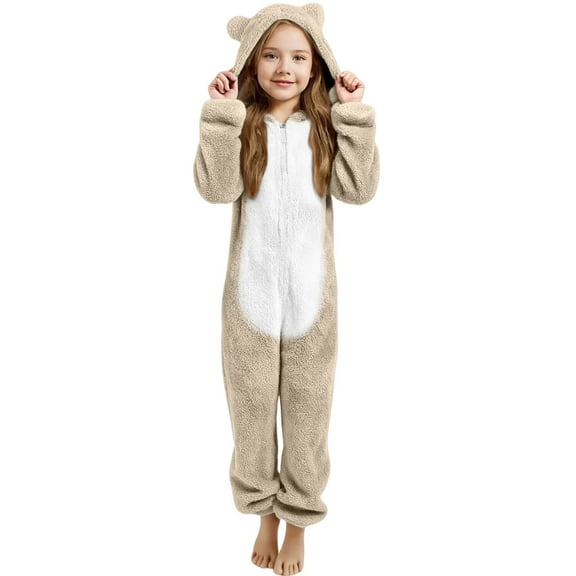 Kids Grils Fleece Jumpsuit One Piece Pajamas Little bear's ears Pajamas Girls Animal Onesie Zip Up Jumpsuit Onesie Kids 7-8 Years