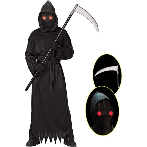 Kids Grim Reaper Costume with Glowing Red Eyes Halloween Scythe Set for 8-10 Years