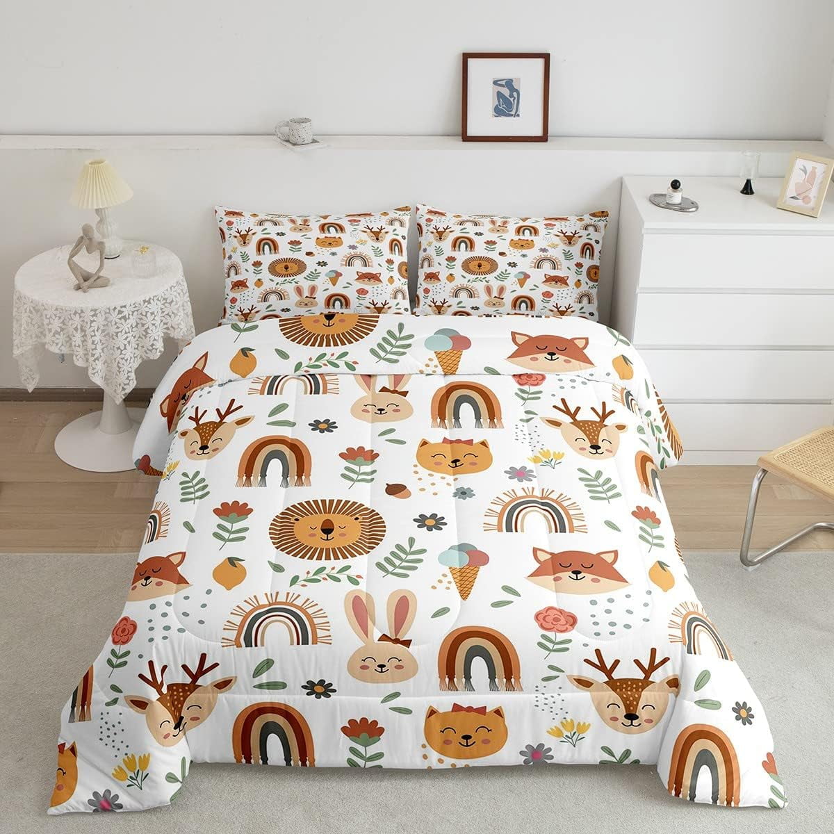 Kids Groovy Bedding Cute Animal Deer Fox Print Comforter Boho Vintage Groovy Flower Duvet Insert