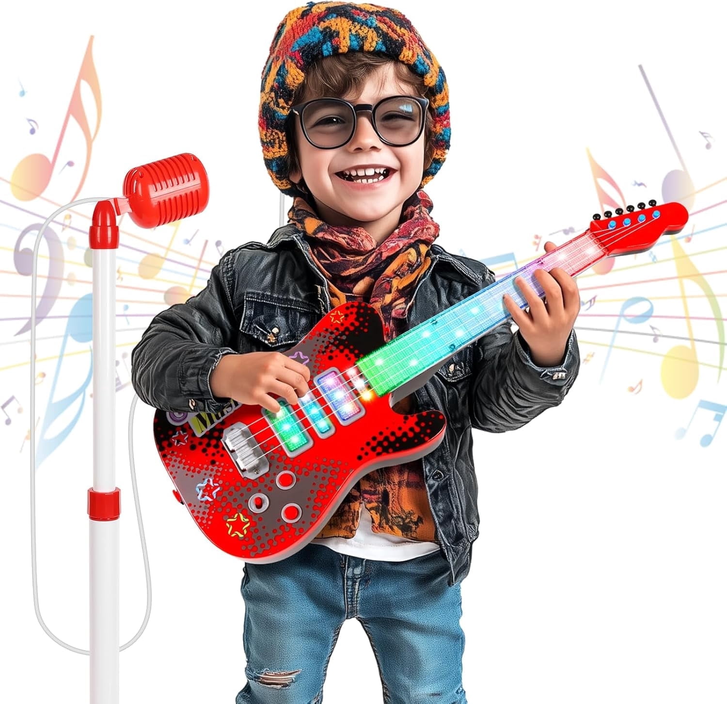 Kids Guitar and Microphone Playset, Electric Guitar Kit with Lifting Mic Stand, Toddler Toys Musical Instruments Starter Kit, Karaoke Machine Toys for Boys Girls Christmas Guitars Gifts