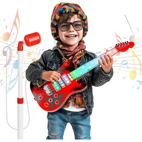 Kids Guitar and Microphone Playset, Electric Guitar Kit with Lifting Mic Stand, Toddler Toys Musical Instruments Starter Kit, Karaoke Machine Toys for Boys Girls Christmas Guitars Gifts
