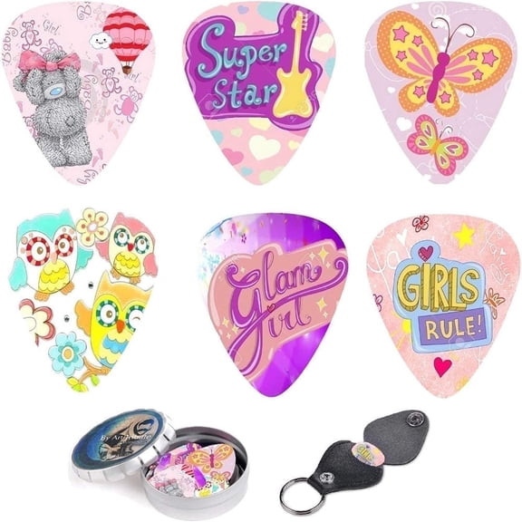 Art Tribute Guitar Picks Kit with 12 Medium Picks, Tin Box, Keychain Holder, Pink