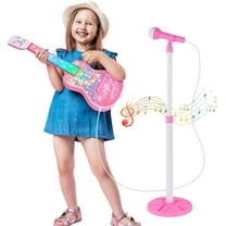 Kids Guitar Toys, Musical Guitar Play Set with Karaoke Microphone and Adjustable Stand, Electric Guitar Toys Starter Kit with 4 Strings,Music&Colorful Light,Musical Instrument Toy Gift for Boys Girls