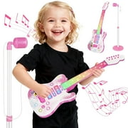 HUANCTOMA Kids Guitar and Microphone Set, Microphone Toys with Adjustable Height Stand, Guitar Karaoke with Music Lights for Kids,Toddlers,Child（Pink）