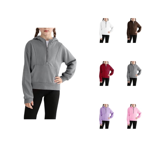 Kids Half Zip Hoodies Plain Long Sleeve Casual Hooded Sweatshirt with Pockets for Boys Girls Kids Pullover Tops