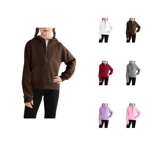Kids Half Zip Hoodies Plain Long Sleeve Casual Hooded Sweatshirt with Pockets for Boys Girls Kids Pullover Tops