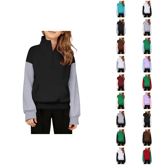 Kids Half Zip Sweatshirt Color Block Long Sleeve Stand Collared Sweatshirt with Pockets for Boys Girls Pullover Tops