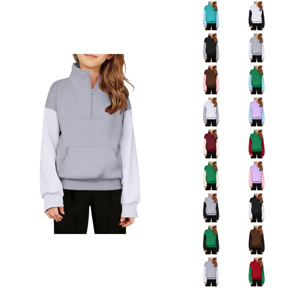 Kids Half Zip Sweatshirt Color Block Long Sleeve Stand Collared Sweatshirt with Pockets for Boys Girls Pullover Tops