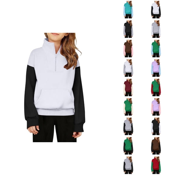 Kids Half Zip Sweatshirt Color Block Long Sleeve Stand Collared Sweatshirt with Pockets for Boys Girls Pullover Tops