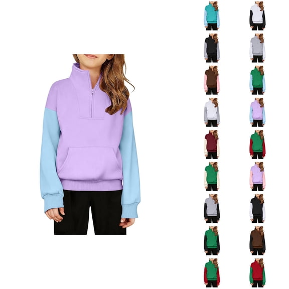 Kids Half Zip Sweatshirt Color Block Long Sleeve Stand Collared Sweatshirt with Pockets for Boys Girls Pullover Tops
