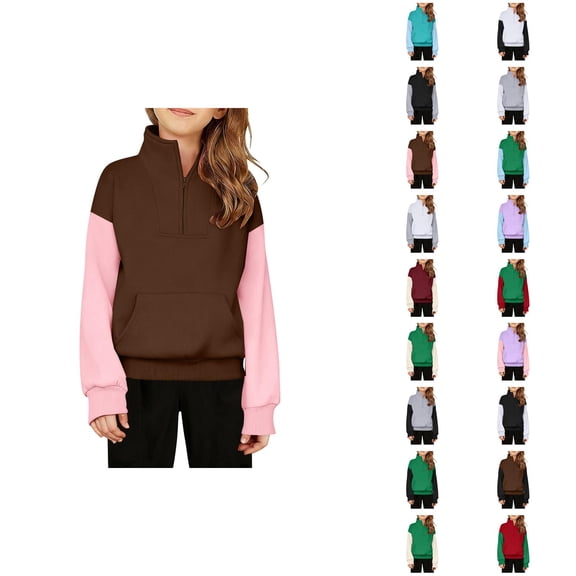 Kids Half Zip Sweatshirt Color Block Long Sleeve Stand Collared Sweatshirt with Pockets for Boys Girls Pullover Tops