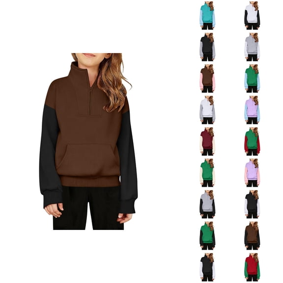 Kids Half Zip Sweatshirt Color Block Long Sleeve Stand Collared Sweatshirt with Pockets for Boys Girls Pullover Tops
