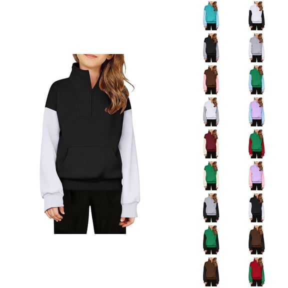 Kids Half Zip Sweatshirt Color Block Long Sleeve Stand Collared Sweatshirt with Pockets for Boys Girls Pullover Tops