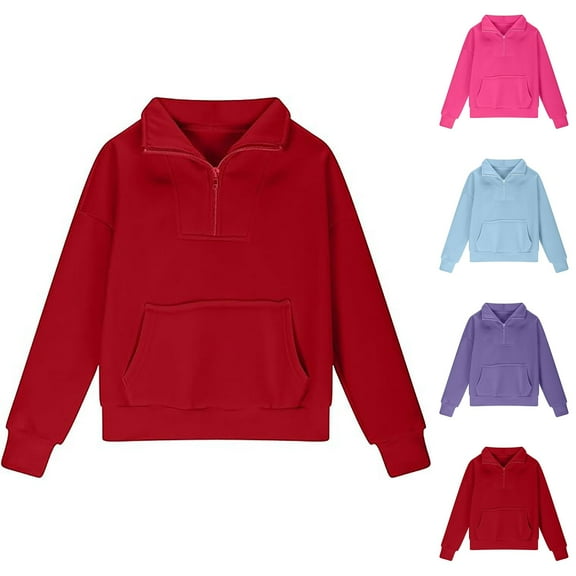 Kids Half Zip Sweatshirt Fall Winter Long Sleeve Stand Collared Plain Pullover Top with Pocket Thumb Hole for Boy Girl