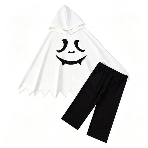 Kids Halloween 2‑Piece Set,Black‑White Spooky‑Face Solid Cape with Matching Leggings,Costume Outfit for Boys Girls for Trick‑or‑Treating