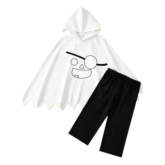 Kids Halloween 2‑Piece Set,Black‑White Spooky‑Face Solid Cape with Matching Leggings,Costume Outfit for Boys Girls for Trick‑or‑Treating