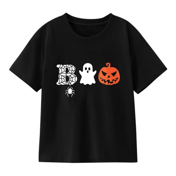 Kids' Halloween "Boo" Print T-Shirt – Cute Autumn Pumpkin-Patterned Top for Girls